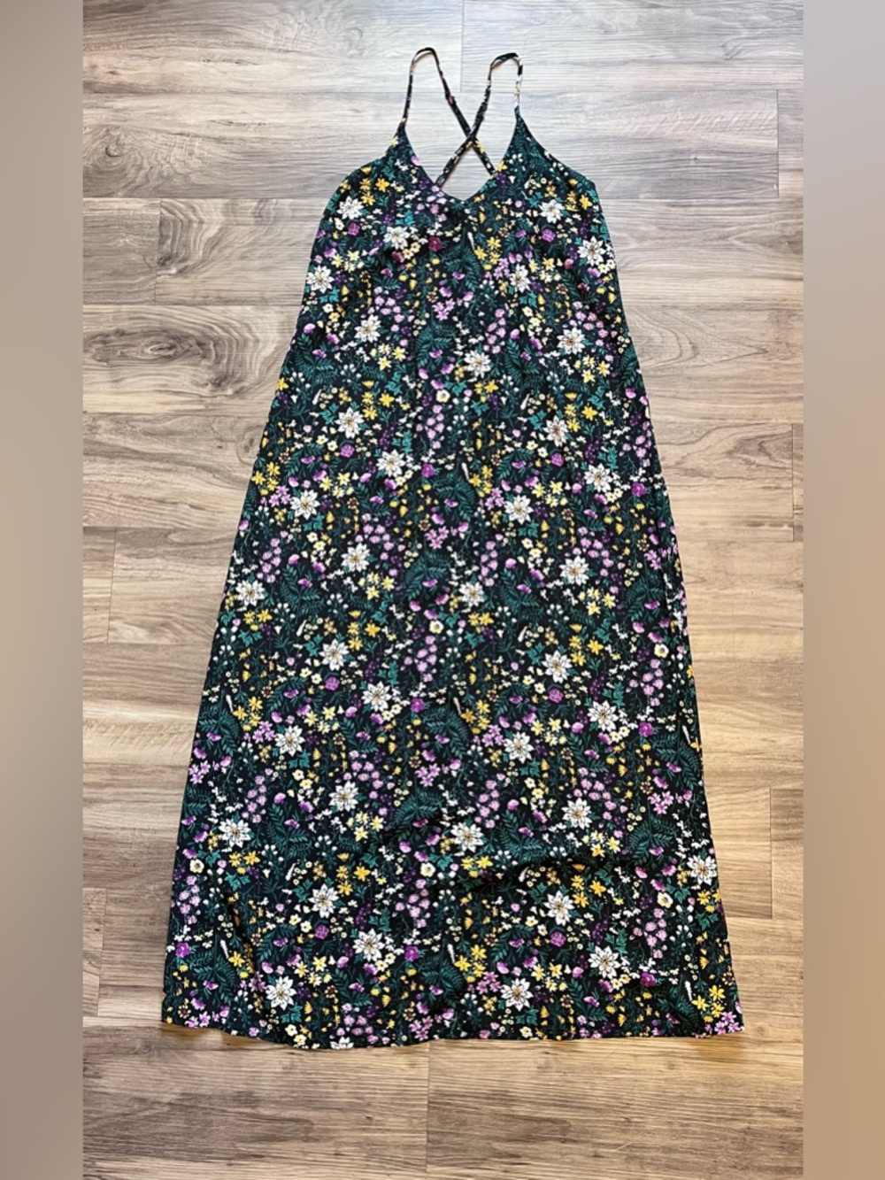 Old Navy Black Floral V-Neck Maxi Slip Dress Adjustable Cross Back Size S - Picture 6 of 10